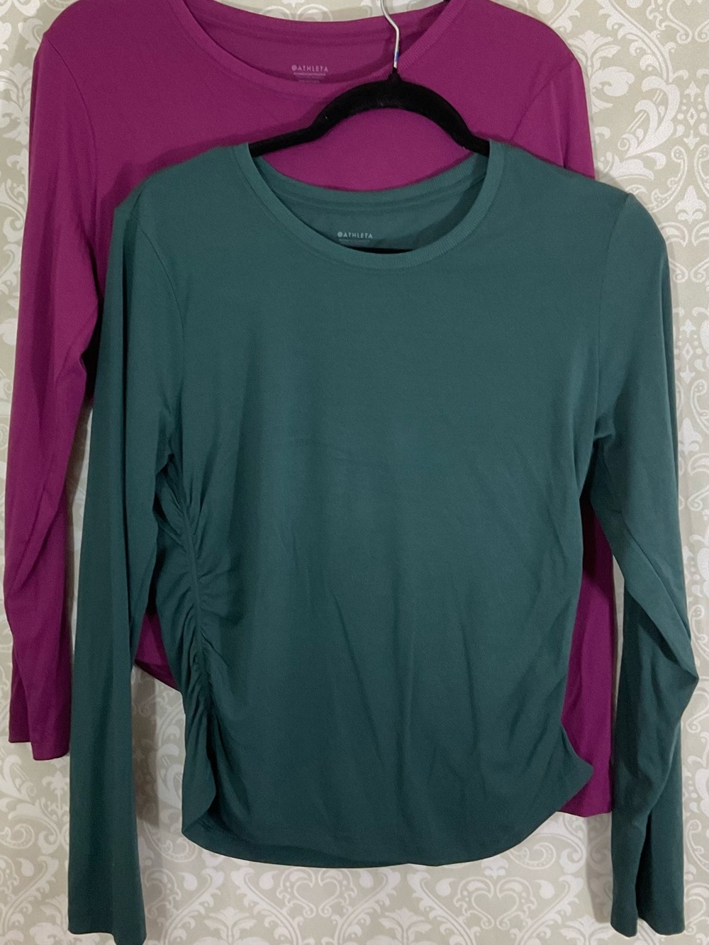 Athleta Lot of 2 Long-Sleeve Crew Tops in Teal and Plum Cinch Fitted Athletic